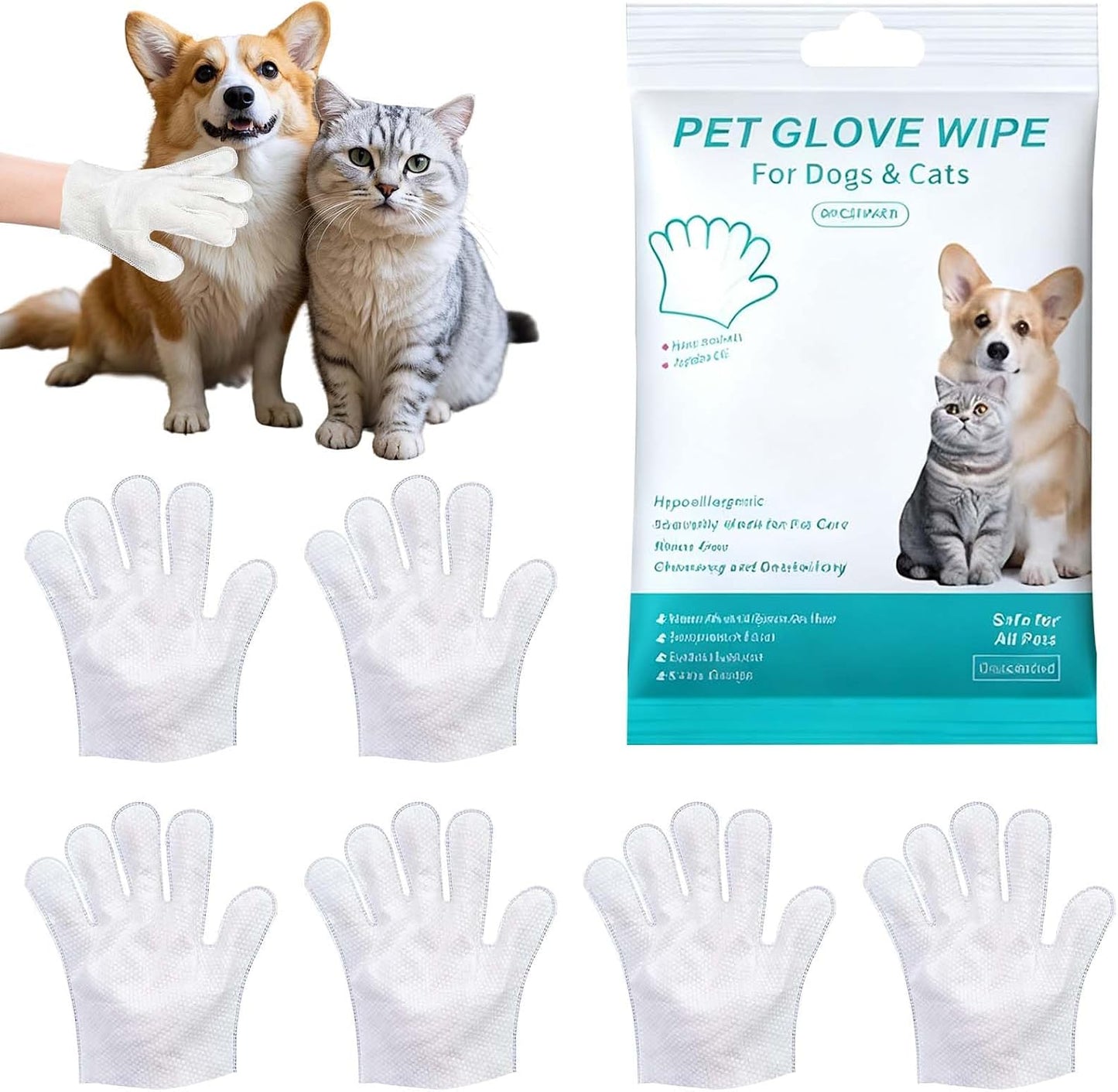 Pet Cleaning Gloves for Dogs & Cats Disposable Washing Mitt for Bath & Grooming Clean Paws Fur Face Ears Rear & Body Waterless Wash Free Gentle Cleaning Pet Glove Wipes for Daily Care & Traveling 6PCS