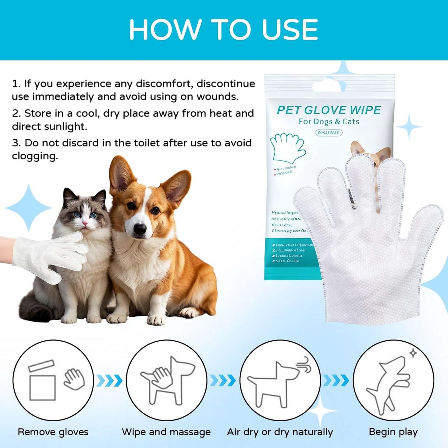Pet Cleaning Gloves for Dogs & Cats Disposable Washing Mitt for Bath & Grooming Clean Paws Fur Face Ears Rear & Body Waterless Wash Free Gentle Cleaning Pet Glove Wipes for Daily Care & Traveling 6PCS