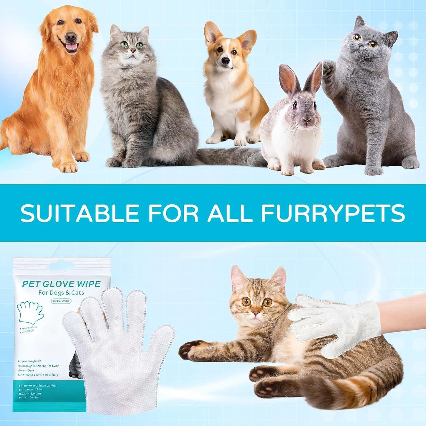 Pet Cleaning Gloves for Dogs & Cats Disposable Washing Mitt for Bath & Grooming Clean Paws Fur Face Ears Rear & Body Waterless Wash Free Gentle Cleaning Pet Glove Wipes for Daily Care & Traveling 6PCS