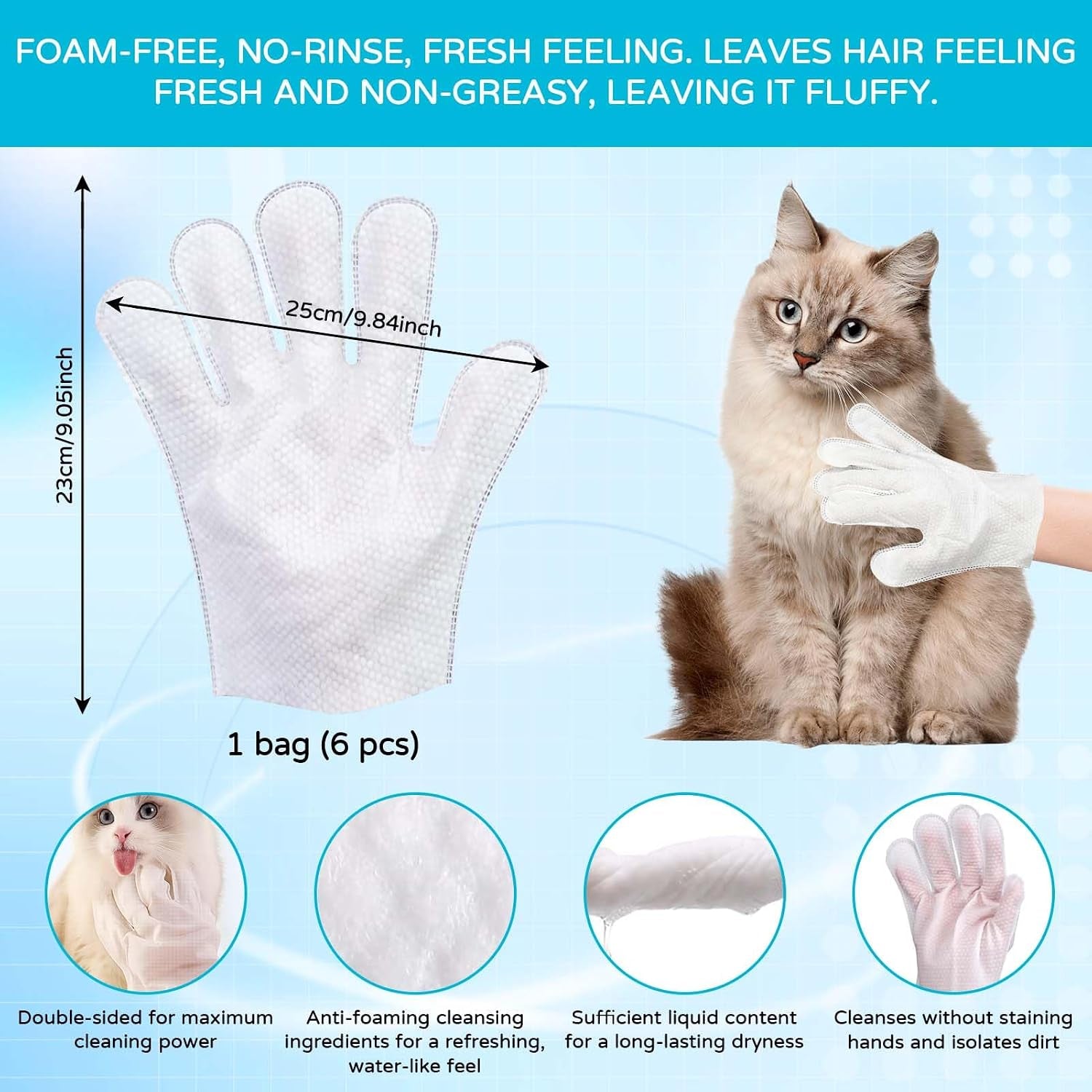 Pet Cleaning Gloves for Dogs & Cats Disposable Washing Mitt for Bath & Grooming Clean Paws Fur Face Ears Rear & Body Waterless Wash Free Gentle Cleaning Pet Glove Wipes for Daily Care & Traveling 6PCS