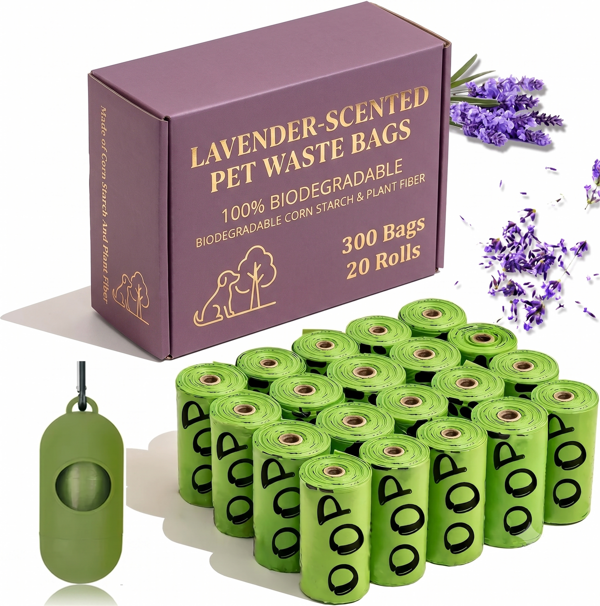 Lavender-Scented Biodegradable Poop Bags with Dispenser