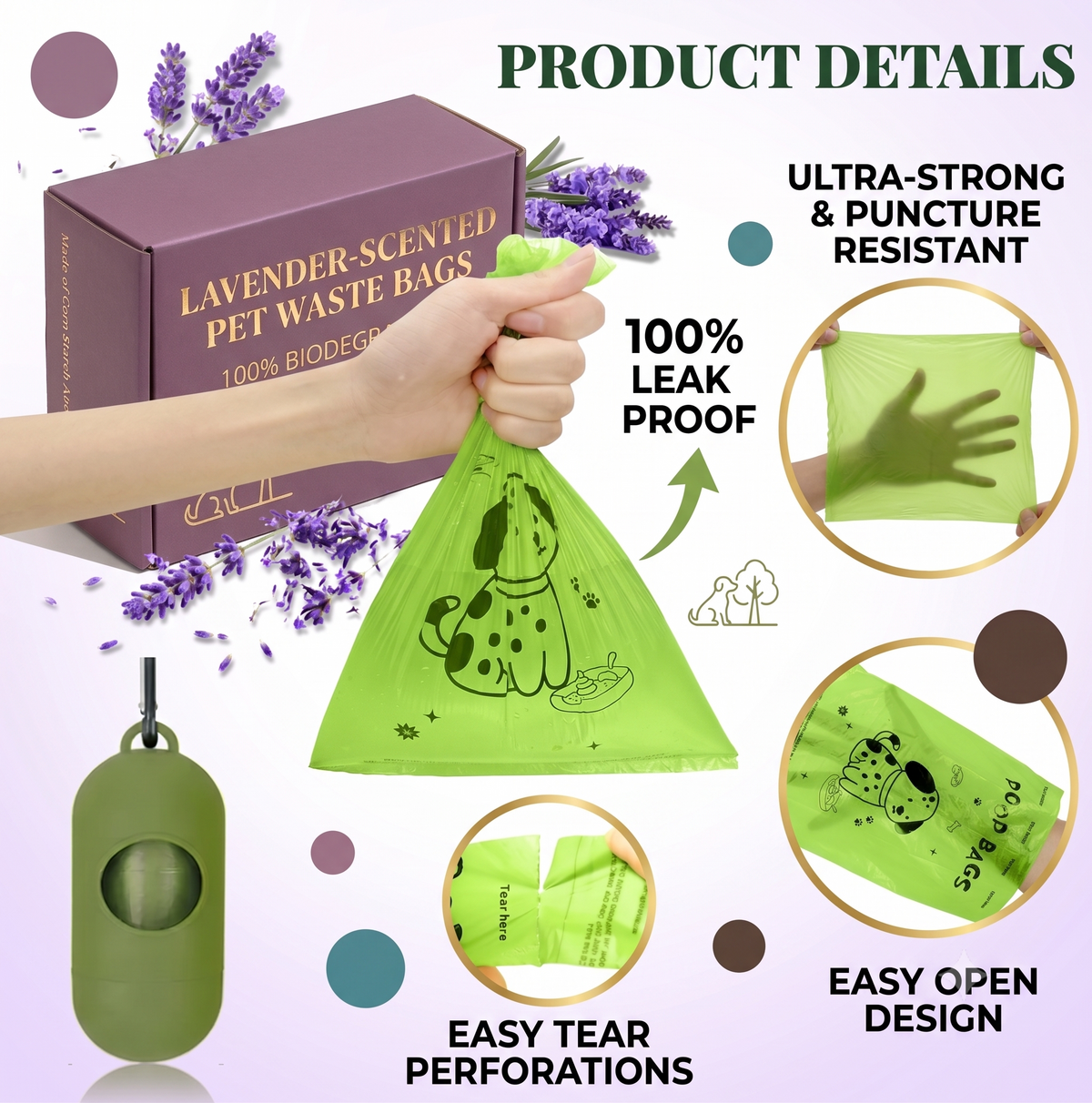 Lavender-Scented Biodegradable Poop Bags with Dispenser
