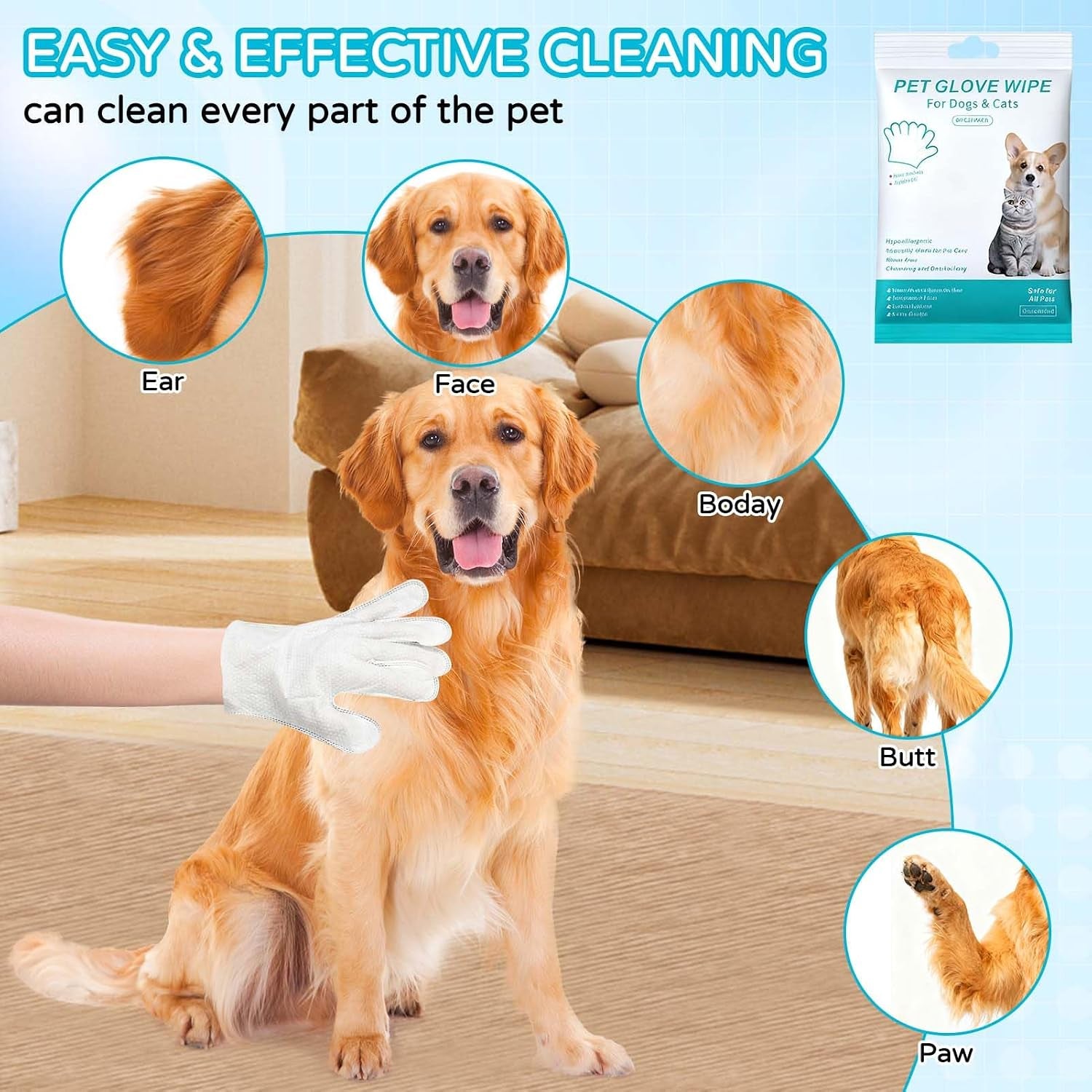 Pet Cleaning Gloves for Dogs & Cats Disposable Washing Mitt for Bath & Grooming Clean Paws Fur Face Ears Rear & Body Waterless Wash Free Gentle Cleaning Pet Glove Wipes for Daily Care & Traveling 6PCS